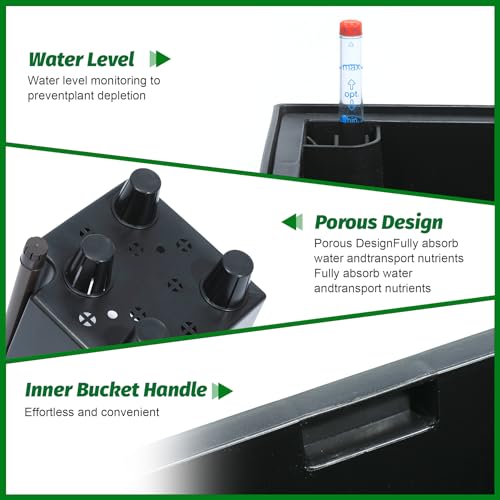 Garvee 16" Tall Planters Set of 2, Outdoor&Indoor Black Planter Pots, High Front Porch Planter Pots with Drainage Holes&Water Level Monitor&Inner Bucket,Black