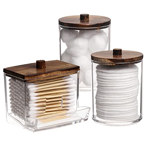 Tbestmax Qtips Holder Bathroom Container, 10 OZ Cotton Ball/Swabs Dispenser, Apothecary Jar Organizer for Storage Brown Wood Lids