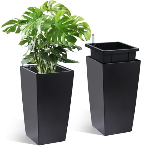 Garvee 16" Tall Planters Set of 2, Outdoor&Indoor Black Planter Pots, High Front Porch Planter Pots with Drainage Holes&Water Level Monitor&Inner Bucket,Black