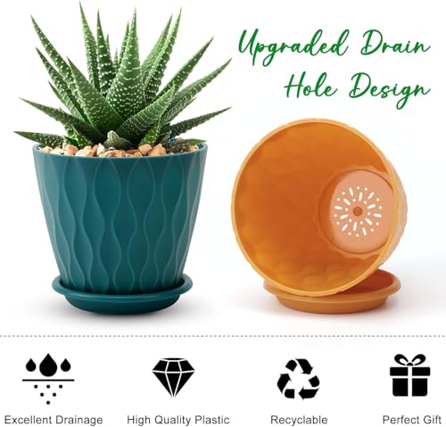 6 inch Plant Pots, 5 Pack Flower Pots Outdoor Indoor, Planters with Drainage Holes and Tray Saucers(Multicolor)