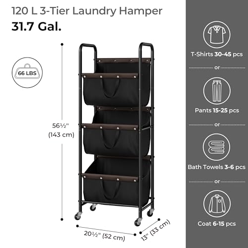 GRANNY SAYS 3 Tier Laundry Sorter, Laundry Basket with Wheels, Laundry Room Organization and Storage, 3 Section Rolling Laundry Cart for Dorm, Bathroom, Bedroom, Closet, Black