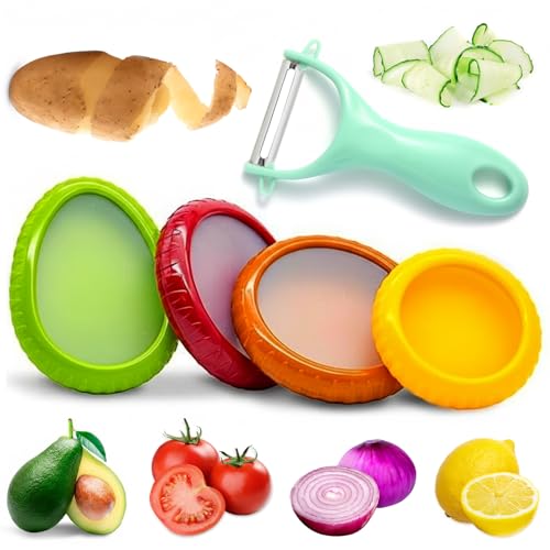 5PCS Avocado Saver & Produce Saver Set β 4 Reusable Silicone Fruit Storage Pods + Fruit Peeler, Tomato Holder, Onion Keeper, Lemon Saver for Fridge, Office Snacks & Camping