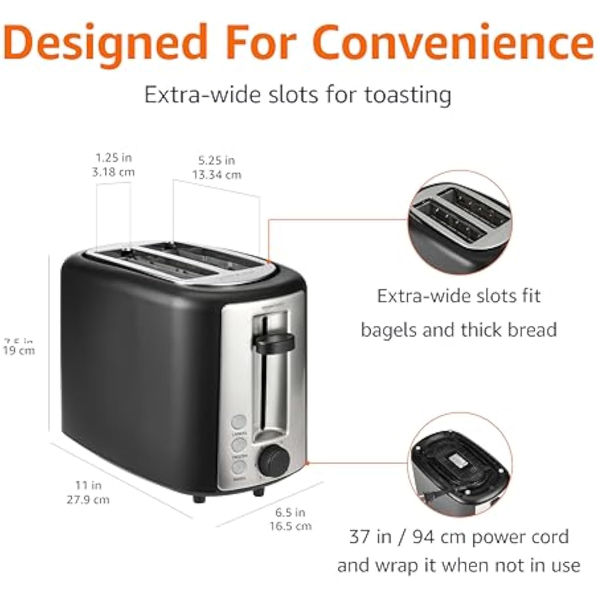 Amazon Basics 2 Slice Toaster, Extra Wide Slots for Bagels, 6 Browning Settings, Removable Crumb Tray, Defrost/Cancel/Bagel Buttons, Cord Wrap, 900W, Black & Silver