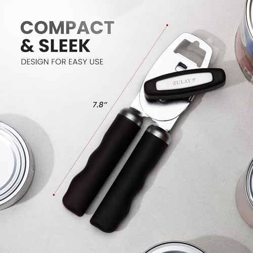 Zulay Kitchen Heavy Duty Stainless Steel Can Opener Manual with Bottle Opener - Rust Proof Manual Can Opener With Turn Knob & Comfy Soft Grip Handles - Black
