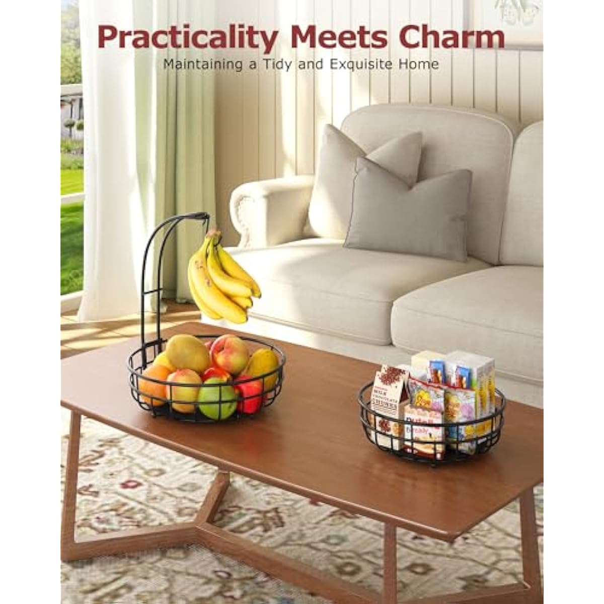 2 Tier Large Fruit Basket for Kitchen Counter with Removable Banana Hanger - Sturdy Iron Fruit Bowl for Kitchen Counter and Vegetable Holder, Fruit Holder for Kitchen Countertop, Black