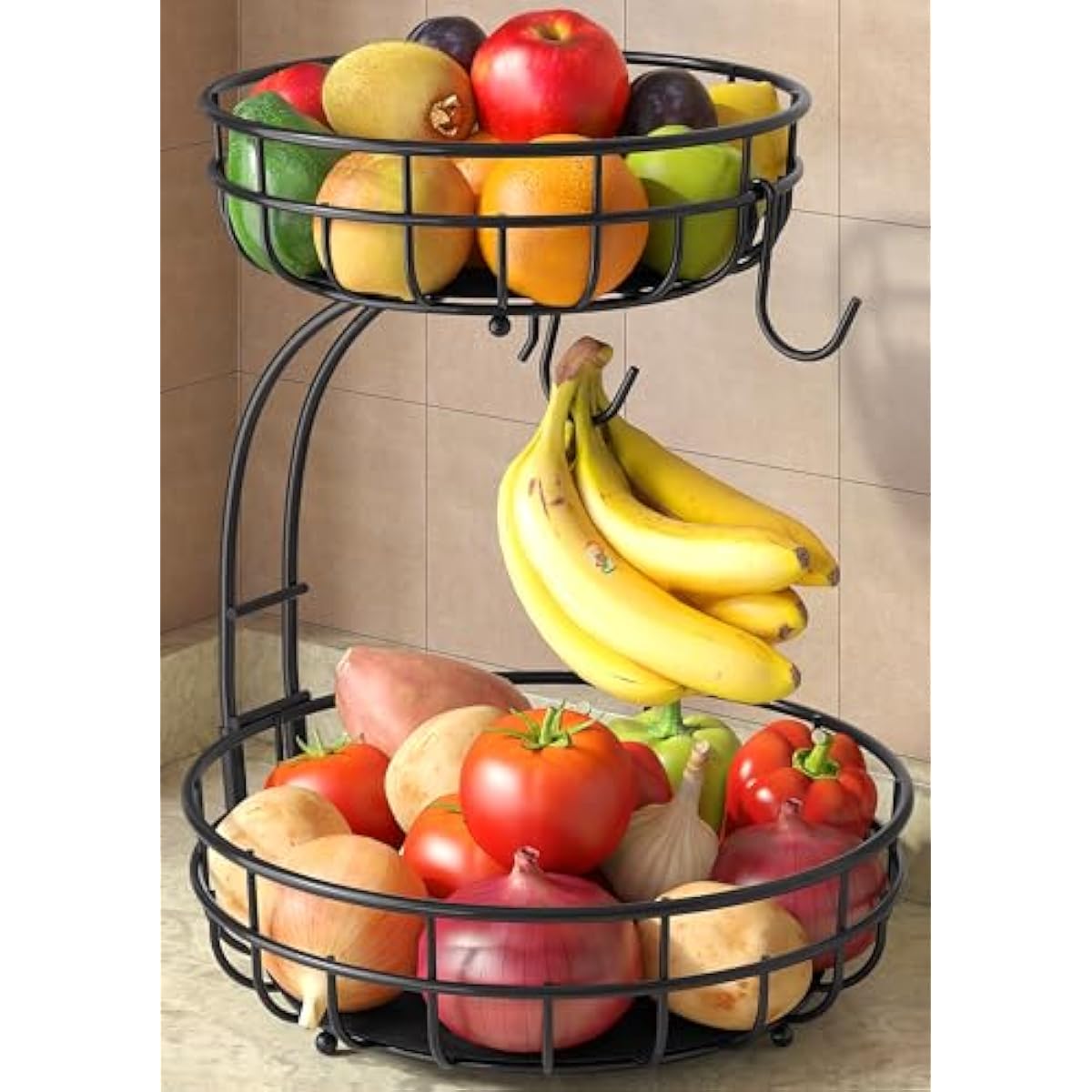 2 Tier Large Fruit Basket for Kitchen Counter with Removable Banana Hanger - Sturdy Iron Fruit Bowl for Kitchen Counter and Vegetable Holder, Fruit Holder for Kitchen Countertop, Black