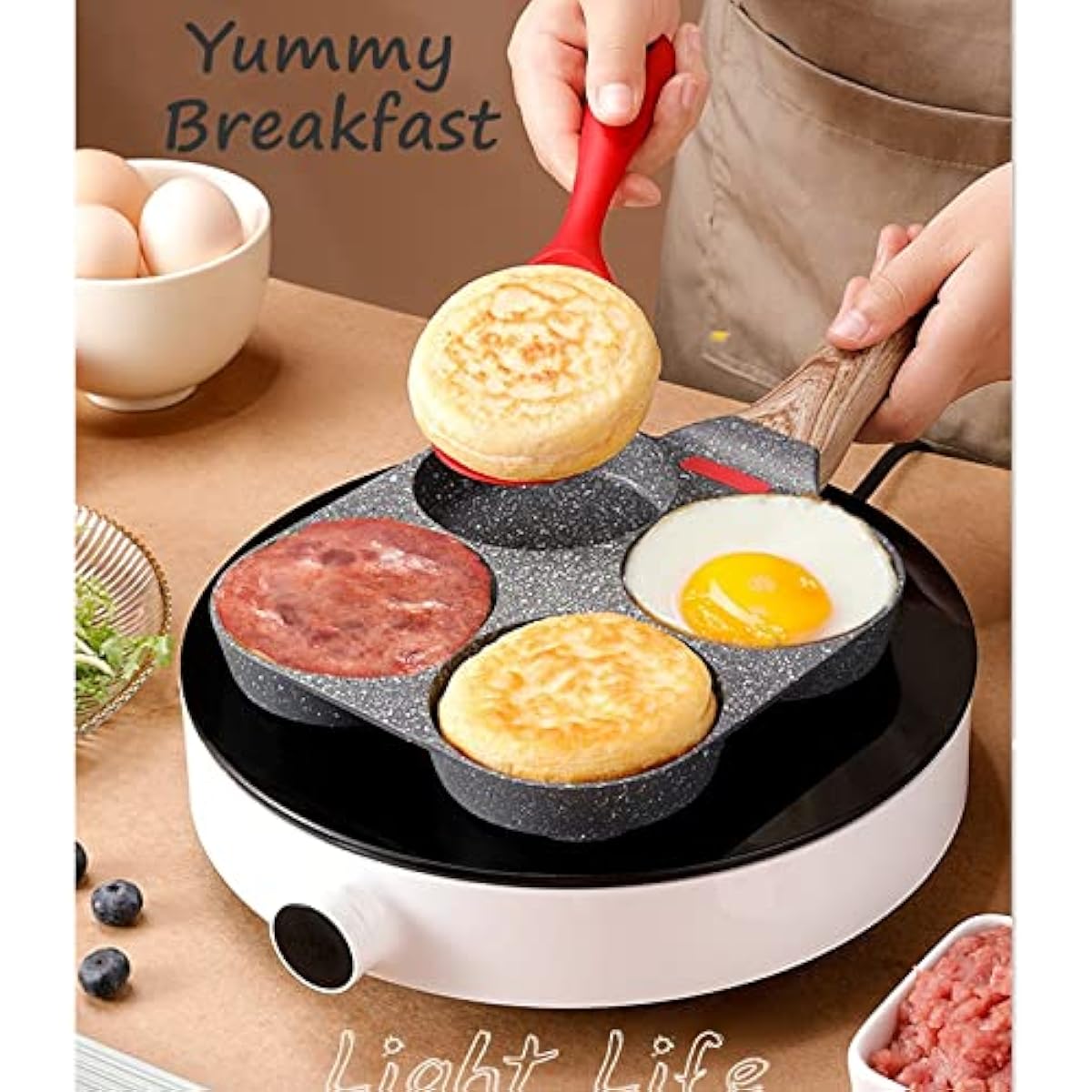4-Cup Egg Pan Nonstick, and Granite Egg Frying Pan, Versatile Breakfast Skillet for Eggs, Pancakes, Plett, Crepes, Compatible with Gas Stove and Induction Cooktop