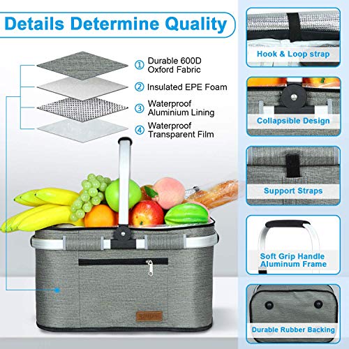 LIQING 35L Large Picnic Basket 2 Layers of Internal Pockets Leak-Proof and Insulated ,Folding with Internal Support for enhansed Stability, Wedding Gifts for Couple(Grey)