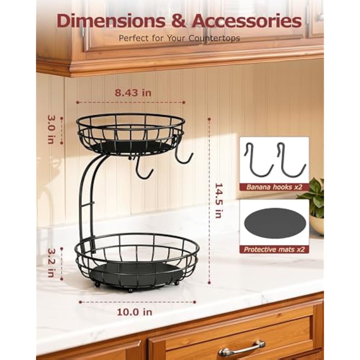 2 Tier Large Fruit Basket for Kitchen Counter with Removable Banana Hanger - Sturdy Iron Fruit Bowl for Kitchen Counter and Vegetable Holder, Fruit Holder for Kitchen Countertop, Black