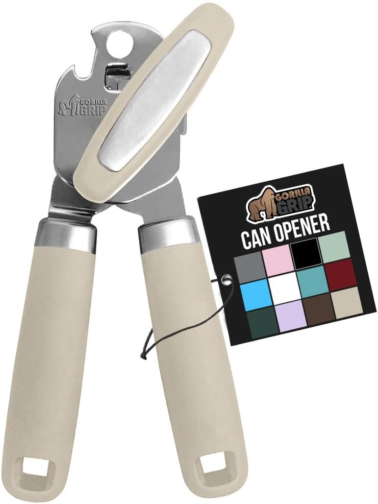 GORILLA GRIP Heavy Duty Stainless Steel Smooth Edge Manual Can Opener, Soft Comfortable Handle, Large Handheld Turn Knob, Built-In Bottle Openers, US Designed, Holiday Prep Kitchen Essential, Black