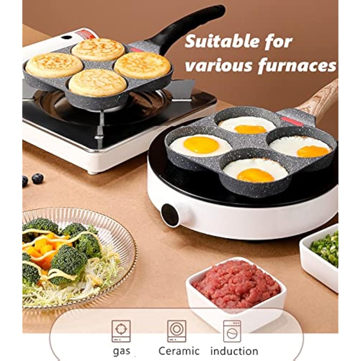 4-Cup Egg Pan Nonstick, and Granite Egg Frying Pan, Versatile Breakfast Skillet for Eggs, Pancakes, Plett, Crepes, Compatible with Gas Stove and Induction Cooktop
