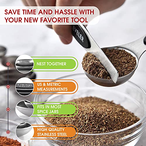 Spring Chef Stainless Steel Magnetic Measuring Spoons Set with Strong N45 Magnets, Heavy Duty Metal Kitchen Gadgets for Baking & Cooking, Fits in Most Kitchen Spice Jars, Set of 8 with Leveler, Black
