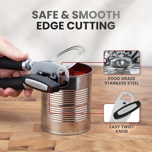 Zulay Kitchen Heavy Duty Stainless Steel Can Opener Manual with Bottle Opener - Rust Proof Manual Can Opener With Turn Knob & Comfy Soft Grip Handles - Black