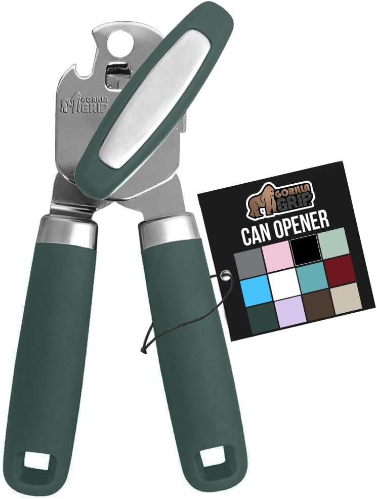 GORILLA GRIP Heavy Duty Stainless Steel Smooth Edge Manual Can Opener, Soft Comfortable Handle, Large Handheld Turn Knob, Built-In Bottle Openers, US Designed, Holiday Prep Kitchen Essential, Black