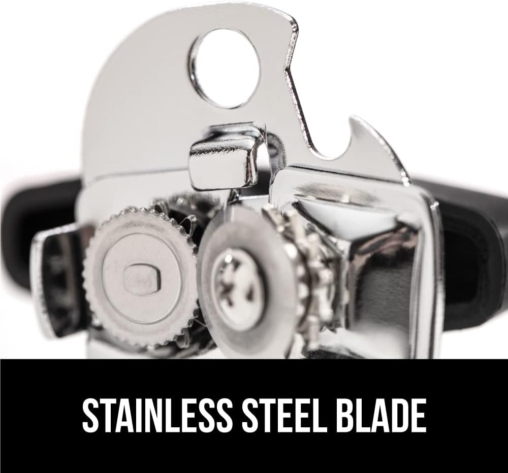 GORILLA GRIP Heavy Duty Stainless Steel Smooth Edge Manual Can Opener, Soft Comfortable Handle, Large Handheld Turn Knob, Built-In Bottle Openers, US Designed, Holiday Prep Kitchen Essential, Black