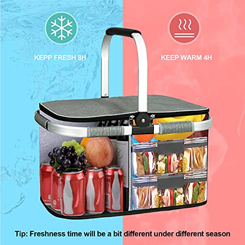 LIQING 35L Large Picnic Basket 2 Layers of Internal Pockets Leak-Proof and Insulated ,Folding with Internal Support for enhansed Stability, Wedding Gifts for Couple(Grey)