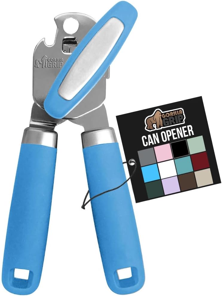 GORILLA GRIP Heavy Duty Stainless Steel Smooth Edge Manual Can Opener, Soft Comfortable Handle, Large Handheld Turn Knob, Built-In Bottle Openers, US Designed, Holiday Prep Kitchen Essential, Black