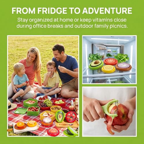 5PCS Avocado Saver & Produce Saver Set β 4 Reusable Silicone Fruit Storage Pods + Fruit Peeler, Tomato Holder, Onion Keeper, Lemon Saver for Fridge, Office Snacks & Camping