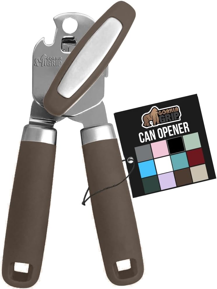 GORILLA GRIP Heavy Duty Stainless Steel Smooth Edge Manual Can Opener, Soft Comfortable Handle, Large Handheld Turn Knob, Built-In Bottle Openers, US Designed, Holiday Prep Kitchen Essential, Black