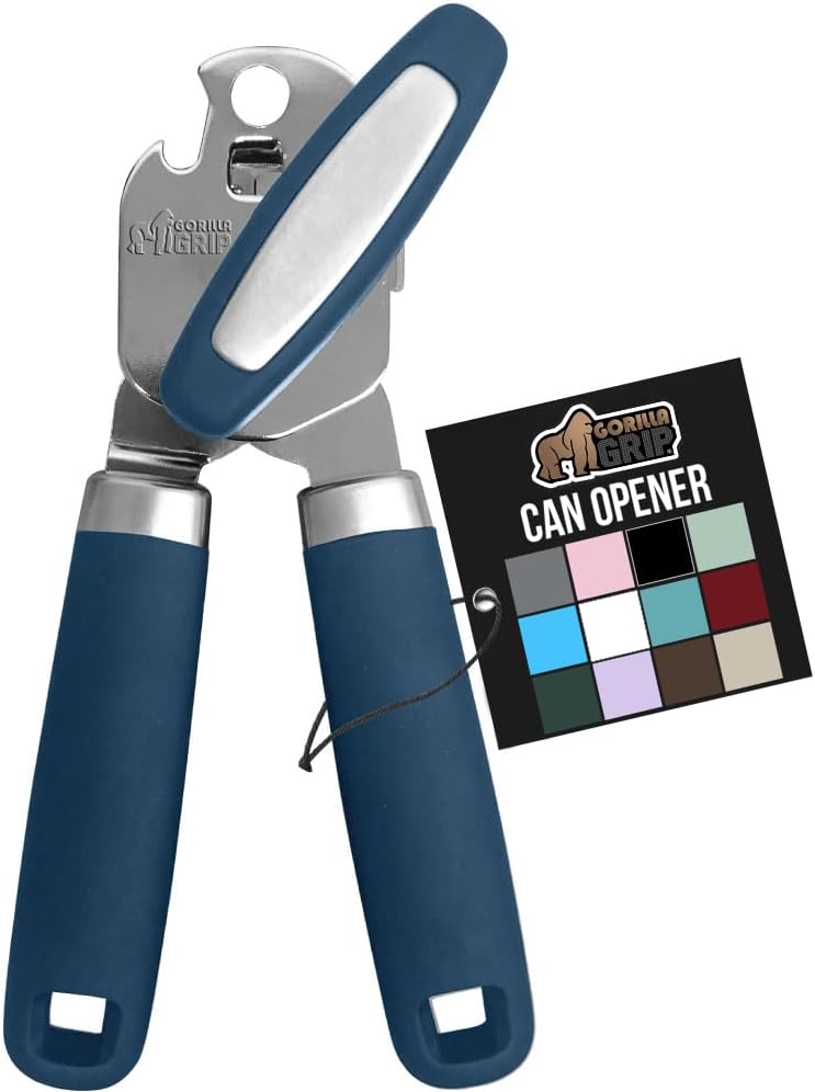 GORILLA GRIP Heavy Duty Stainless Steel Smooth Edge Manual Can Opener, Soft Comfortable Handle, Large Handheld Turn Knob, Built-In Bottle Openers, US Designed, Holiday Prep Kitchen Essential, Black