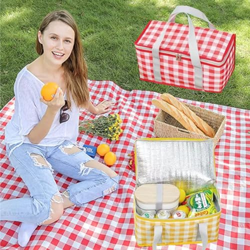 Insulated Reusable Food Picnic Bag Beach Bags, Cooler Bags with Zippered Top -for Hot or Cold,Picnic Basket Collapsible,Beach, Outdoor Party, Camping,Festivals (Red)