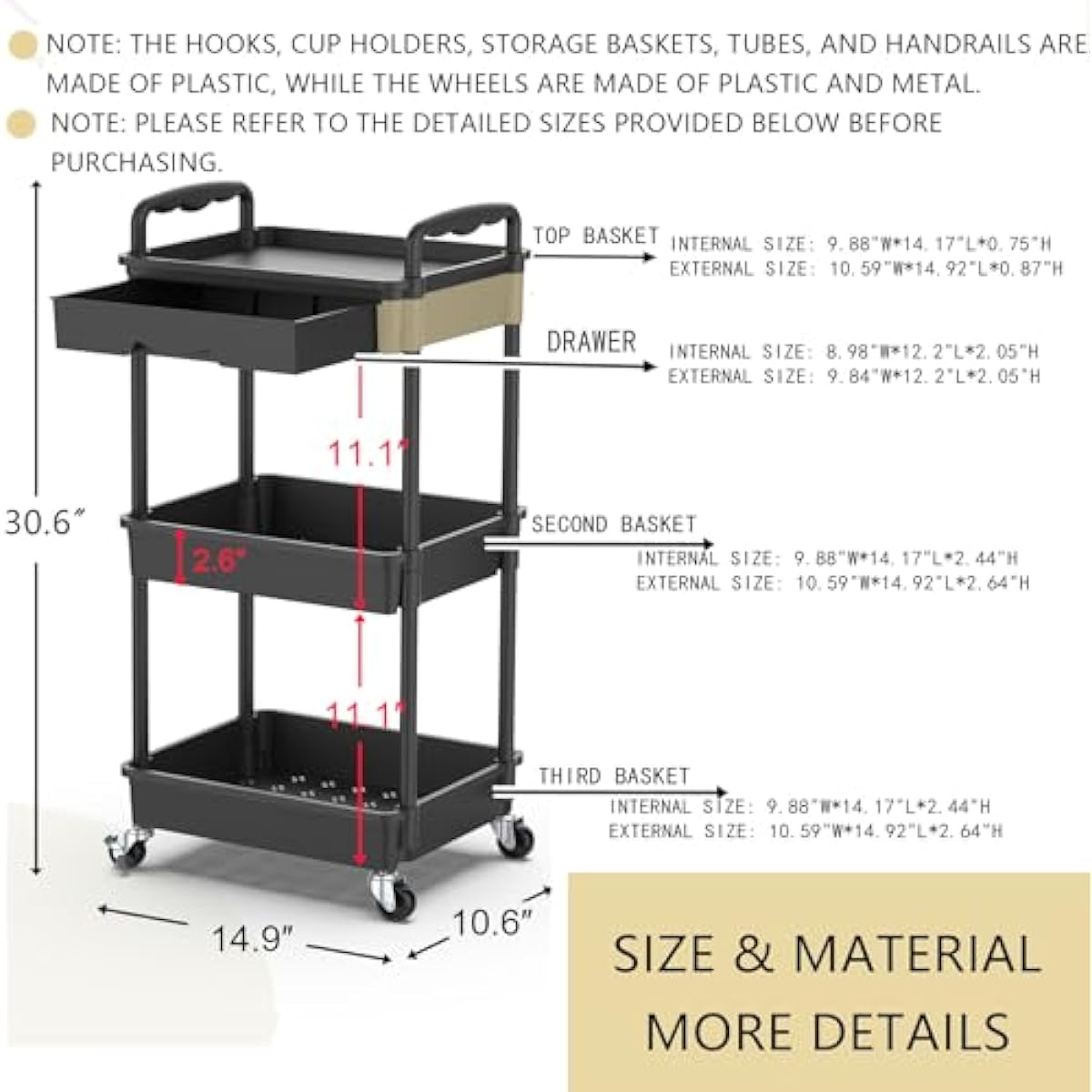 Goovilla 3 Tier Rolling Utility Cart Organizer with Removable Drawer, Stable and Sturdy Black Rolling Storage Carts with 2 Lockable Wheels for Bathroom, Kitchen, Snack, Craft, Makeup, Baby Essentials