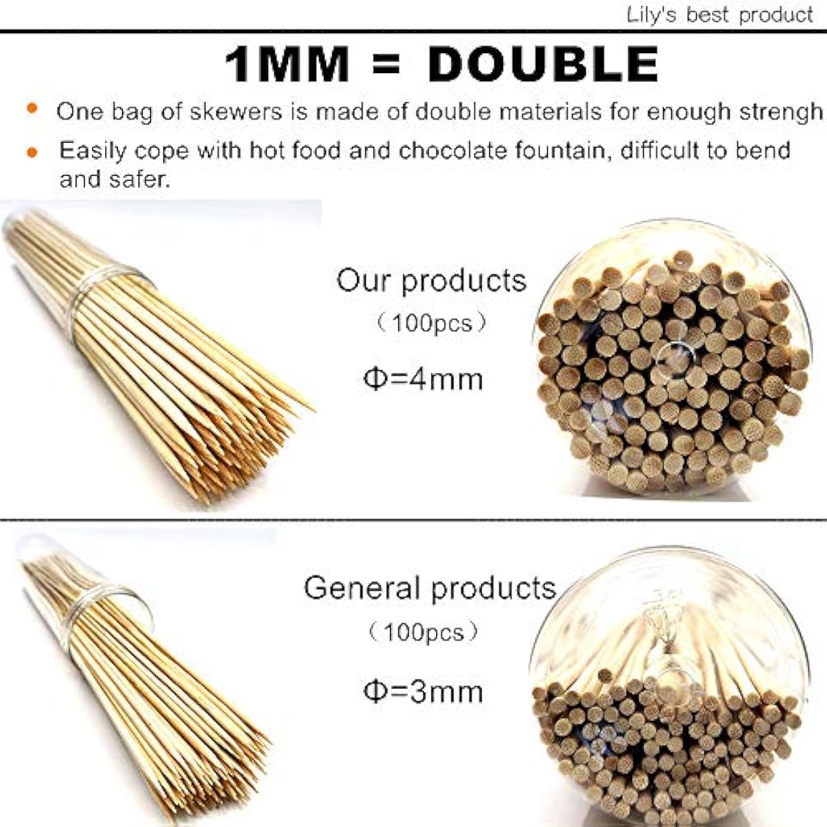 HOPELF 6" Natural Bamboo Skewers for BBQ,Appetiser,Fruit,Cocktail,Kabob,Chocolate Fountain,Grilling,Barbecue,Kitchen,Crafting and Party. Φ=4mm, More Size Choices 8"/10"/12"/14"/16"/30"(100 PCS)
