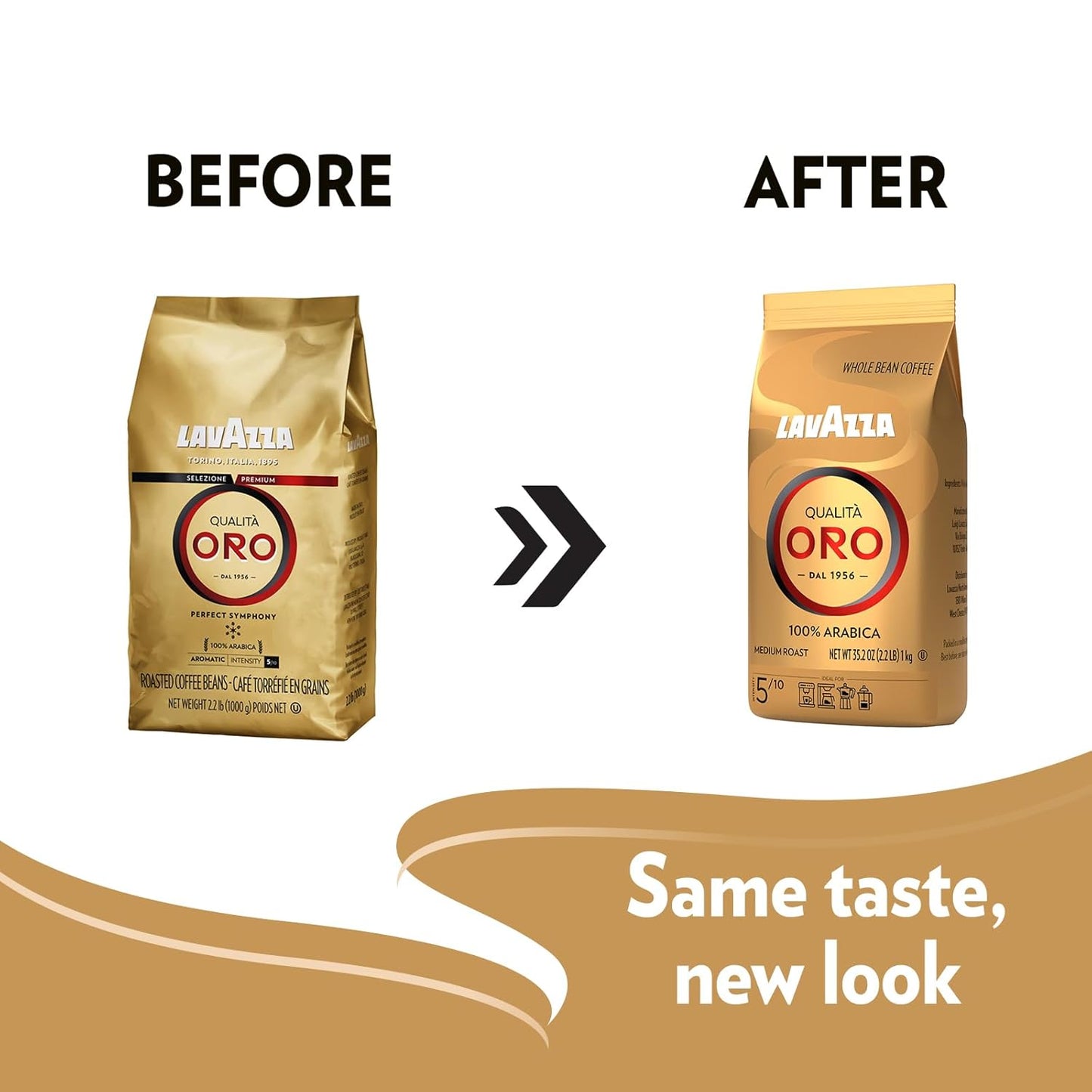 Lavazza Qualità Oro Whole Bean Blend, Medium Roast, 2.2 Pound (Pack of 1) ,100% Arabica, Central America & African highland origins, Fruity & Aromatic