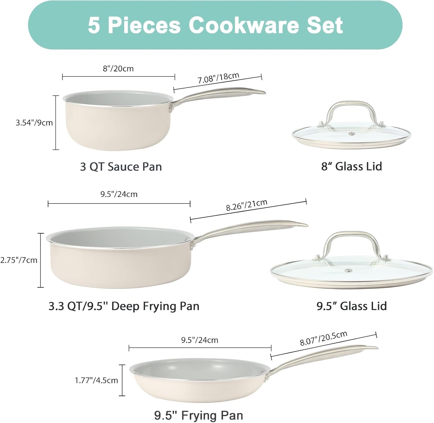 5PC Induction Cookware Set with Tempered Glass Lids, Ultra Nonstick Pots and Pans Set with Stainless Steel Handle, Oven Safe and Dishwasher Safe, Non Toxic & Ceramic Cooking Set, Cream White