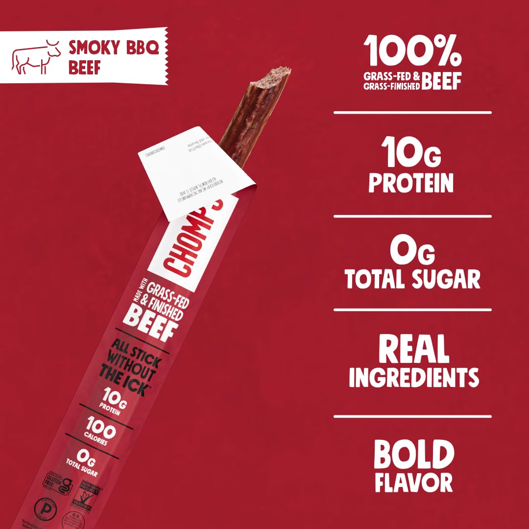 Chomps Grass-Fed and Finished Smoky BBQ Beef Jerky Snack Sticks 10-Pack - Keto, Paleo, Whole30, 10g Lean Meat Protein, Gluten-Free, Zero Sugar Food, Non-GMO