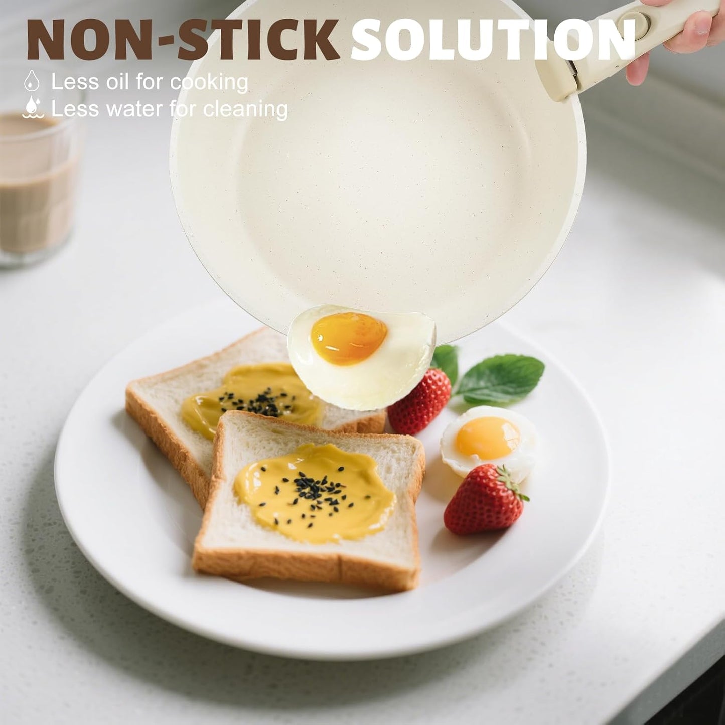 Numola 10 pcs Pots and Pan Set Non Stick with Detachable Handle, Ceramic Cookware Set for Stackable, Induction Kitchen Cookware Set for RV, Dishwasher & Oven Safe, Cream White