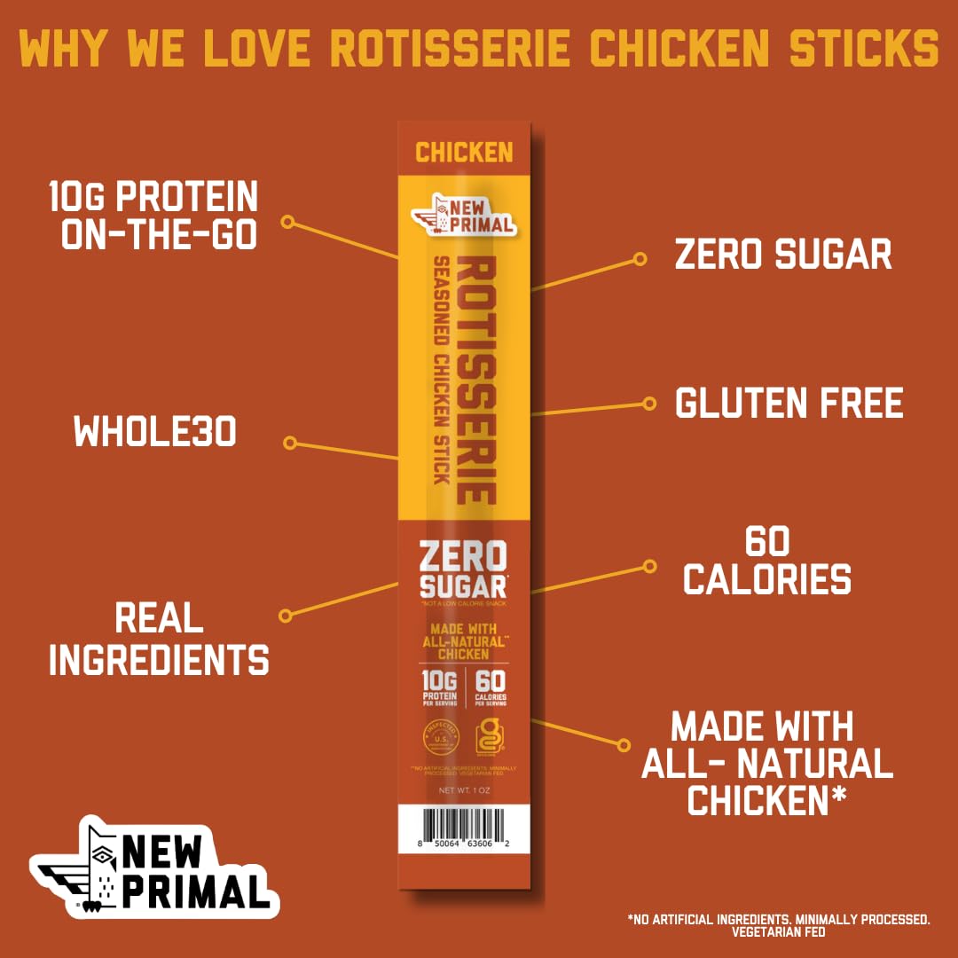 New Primal Rotisserie Chicken Sticks, Zero Sugar High Protein Snack, Gluten Free Whole30 Healthy Snacks, Keto and Paleo Friendly, Jerky Meat Stick, 10g Protein, 5 Count