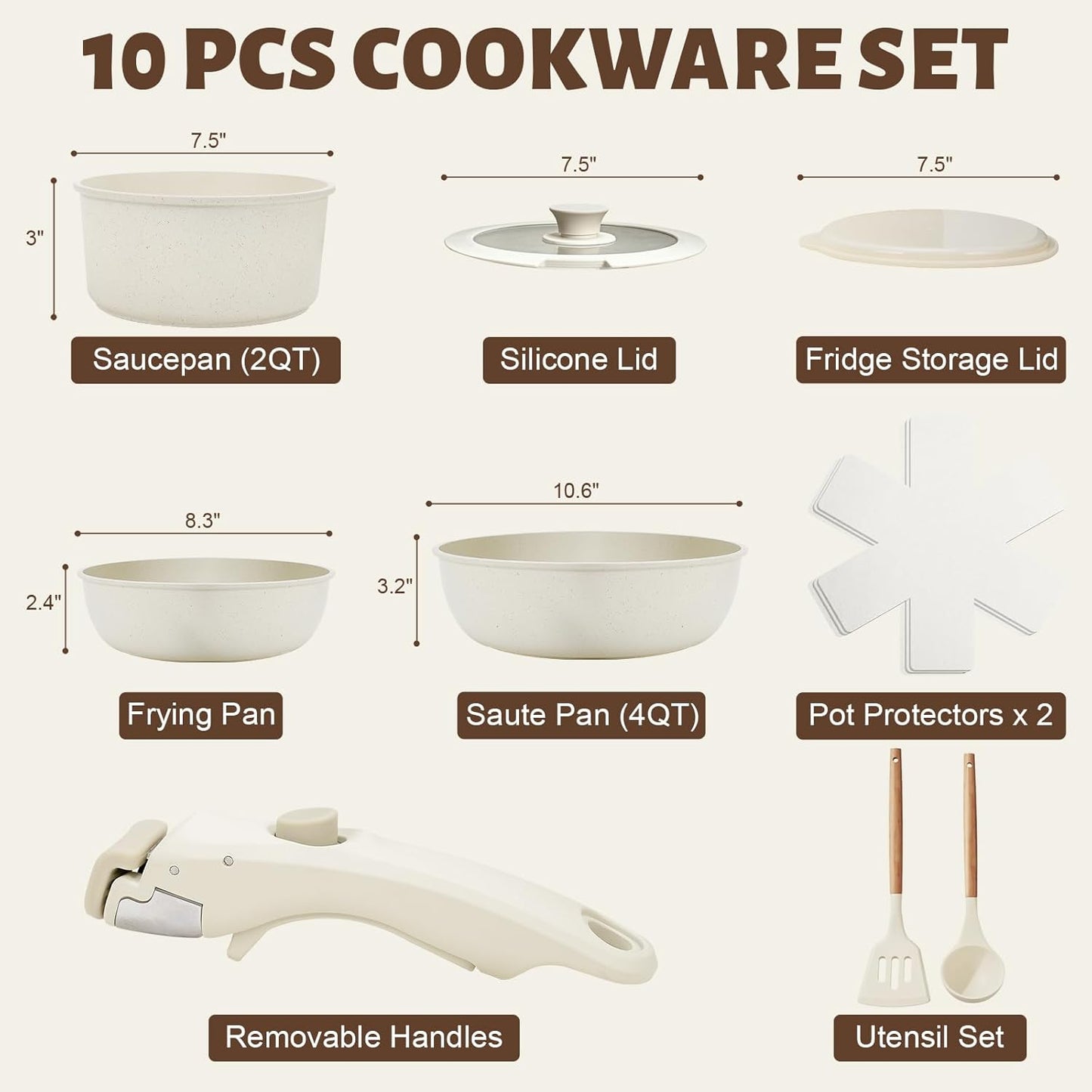 Numola 10 pcs Pots and Pan Set Non Stick with Detachable Handle, Ceramic Cookware Set for Stackable, Induction Kitchen Cookware Set for RV, Dishwasher & Oven Safe, Cream White