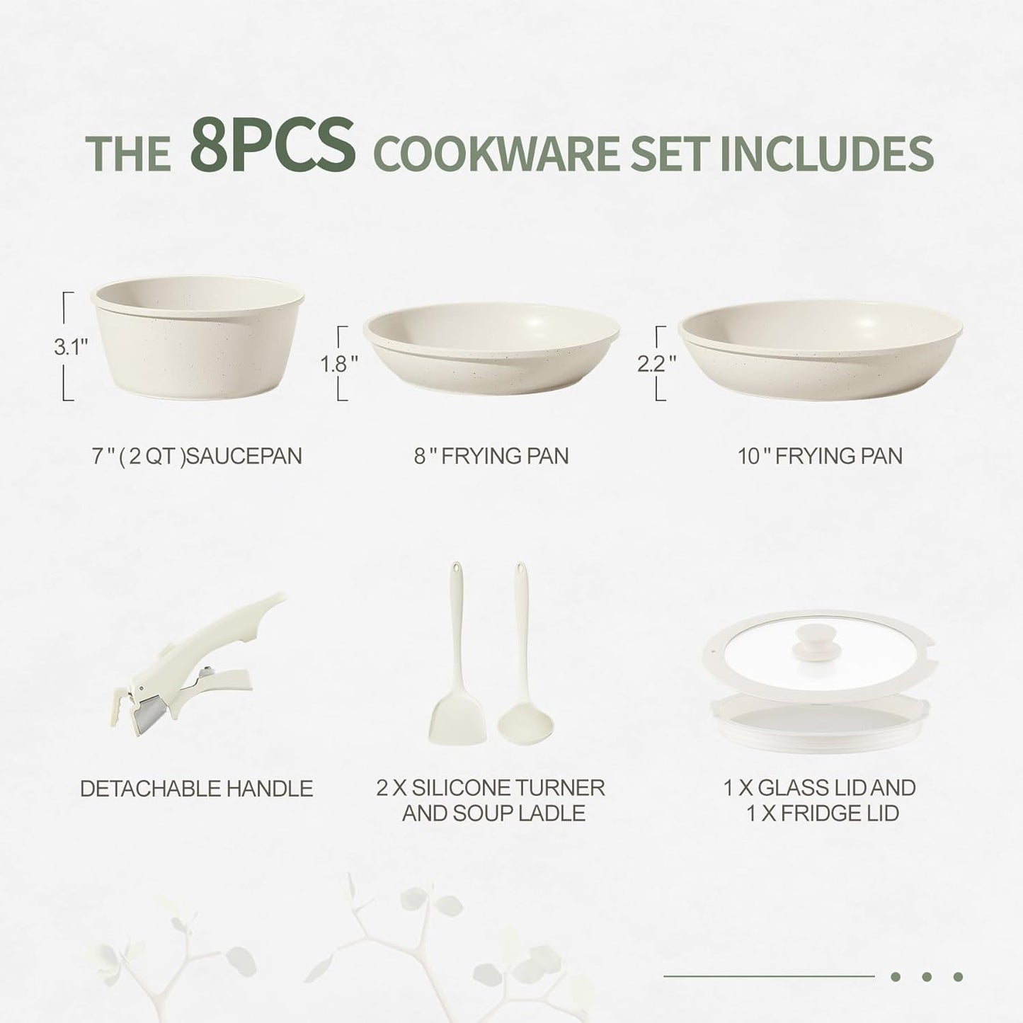 8pcs Ceramic Pots and Pans Set, Non Stick Cookware Set, Detachable Handle Cookware, Induction Kitchen Cooking Set with Removable Handle,Oven Safe, Induction Fast, Stackable Cookware Set