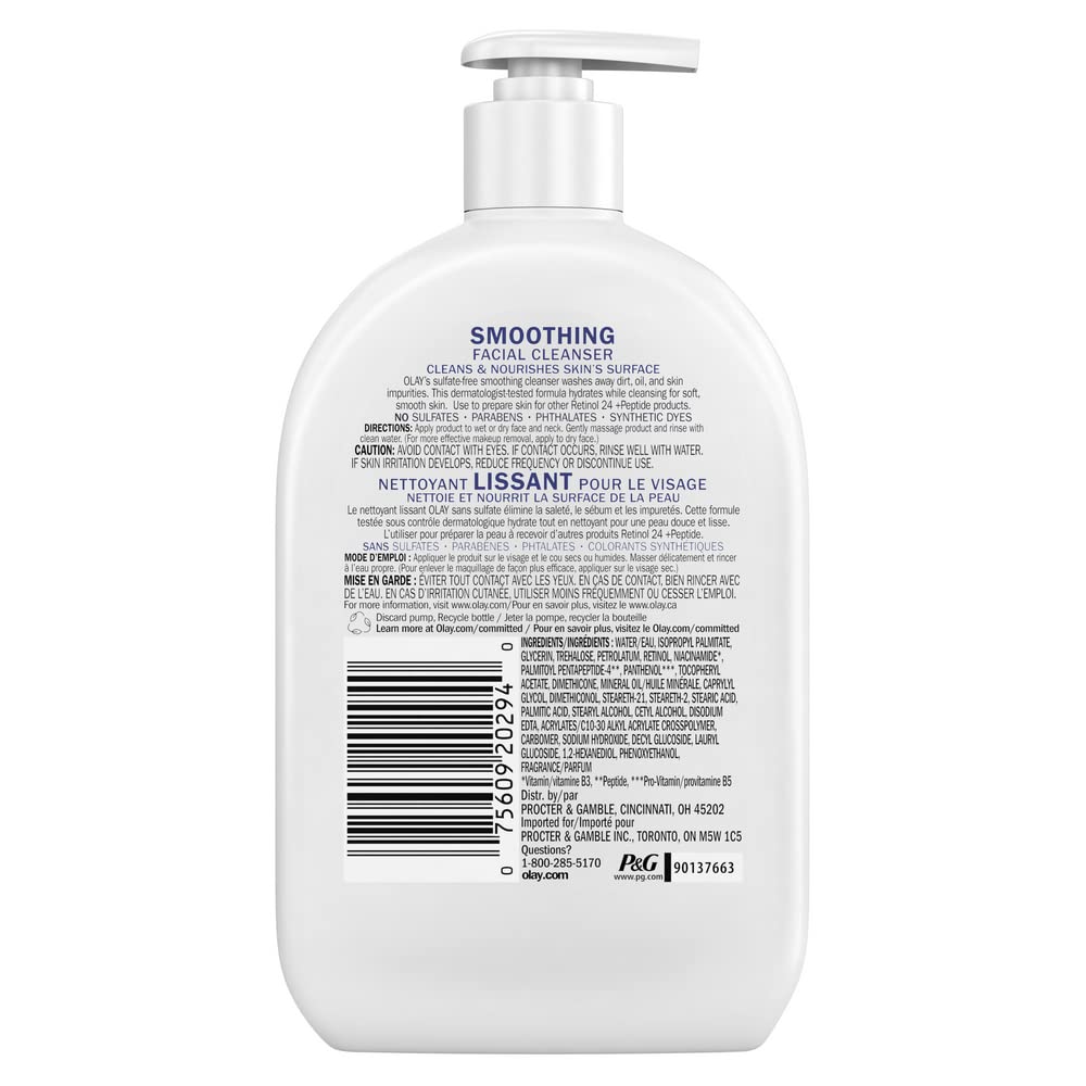 Olay Face Wash, Daily Facial Cleanser with Retinol, Peptides & Glycerin - Smoothing, Noursihes Skin Surface, Hydrates while Cleansing - Sulfate-Free, Paraben-Free, 16 Oz