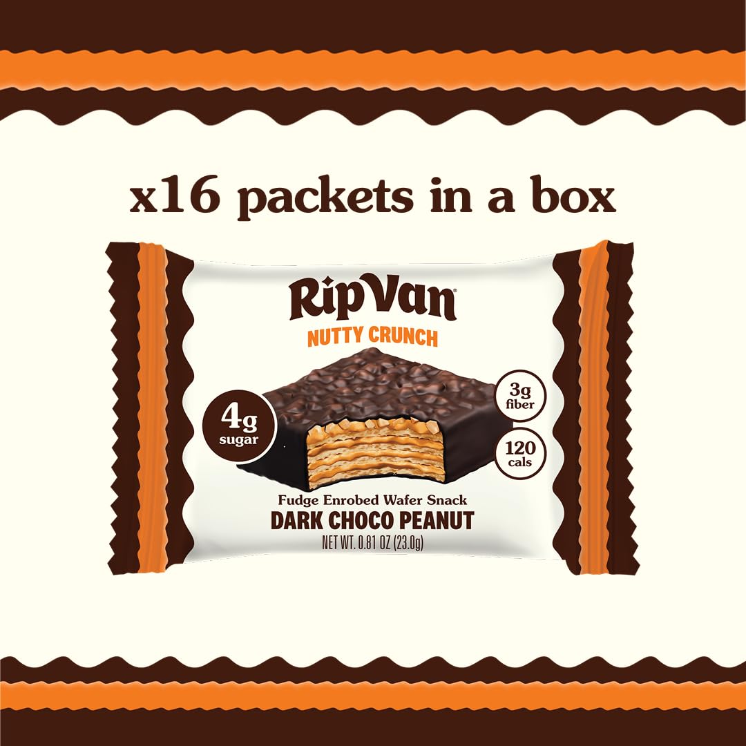 Rip Van Nutty Crunch Dark Chocolate Peanut Butter Wafer – Crispy Wafer Snack, Low Sugar, 120 Calories, Individually Wrapped - 16 Count