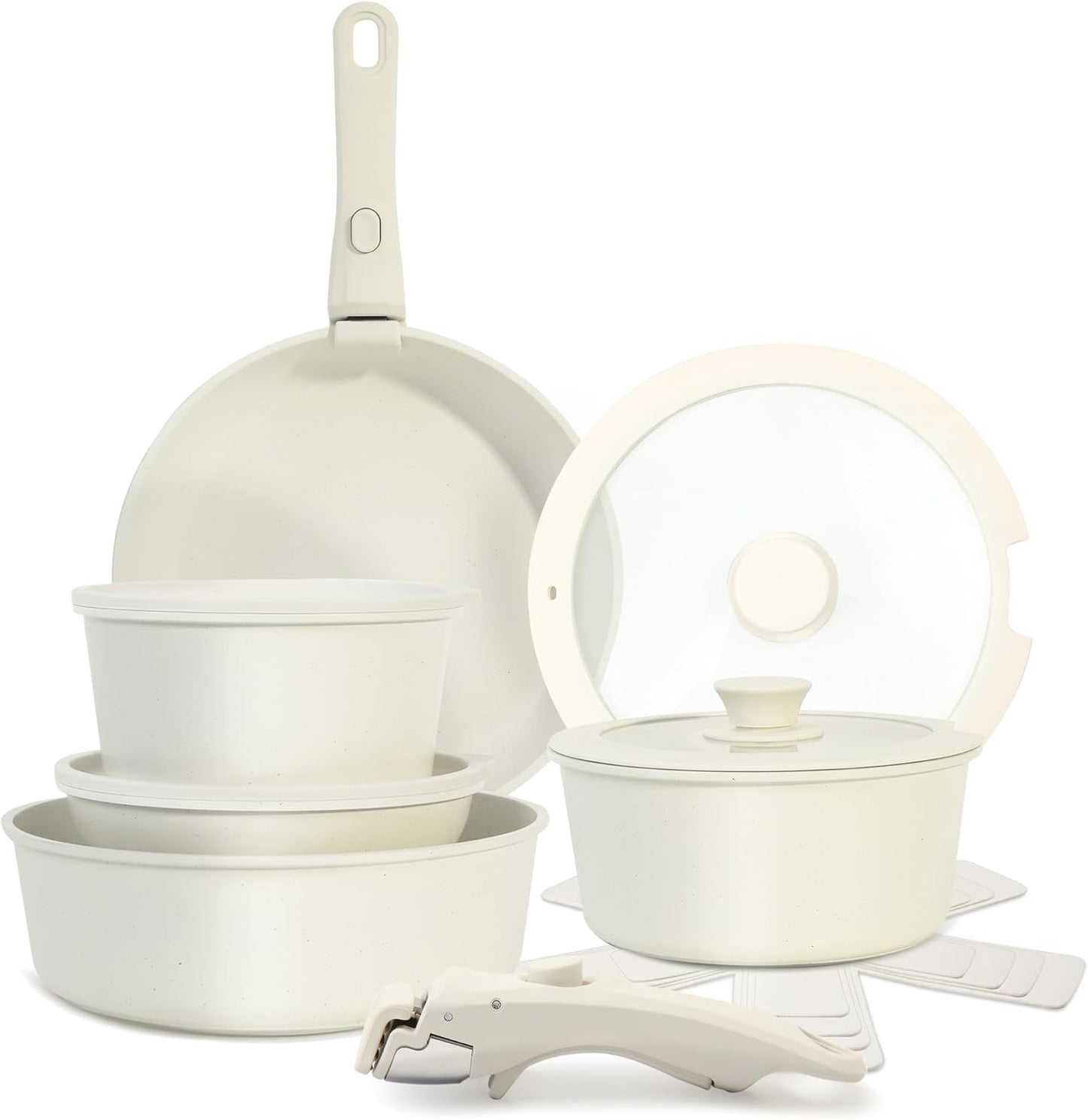 5PCS Pots and Pans Set Non Stick, Kitchen Cookware Sets with Detachable Handle, Induction Cookware Sets, Non Stick RV Cookware Cooking Set, Dishwasher & Oven Safe, PFOA Free, Cream White