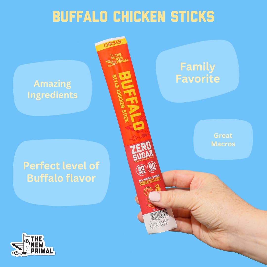 New Primal Buffalo Chicken Sticks, Keto, Gluten Free Healthy Snacks, Sugar Free Low Carb High Protein, Jerky Meat Stick, 9g Protein, 5 Pack