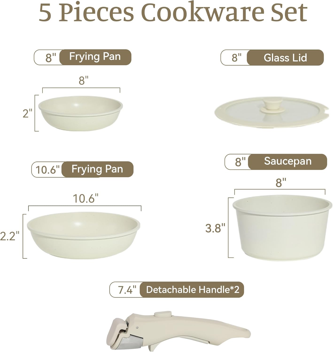 5PCS Pots and Pans Set Non Stick, Kitchen Cookware Sets with Detachable Handle, Induction Cookware Sets, Non Stick RV Cookware Cooking Set, Dishwasher & Oven Safe, PFOA Free, Cream White