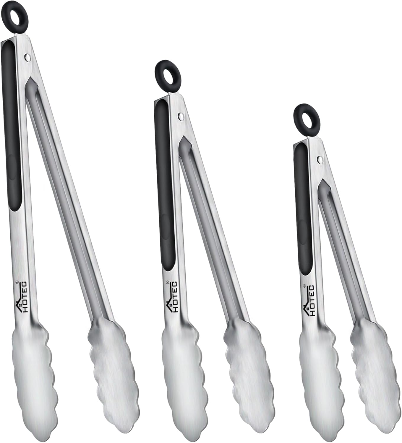 Hotec Stainless Steel Kitchen Tongs, Set of 2-9" and 12", Locking Metal Food Tongs for Cooking, Serving, BBQ, Grill Non-Slip Grip