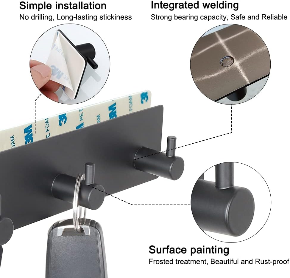 Key Holder for Wall with 2 Self-Adhesive Tapes, No Damage Key Holder Rack for Wall with 3 Key Hooks for Entryway, Door, Bathroom, Kitchen(Black)
