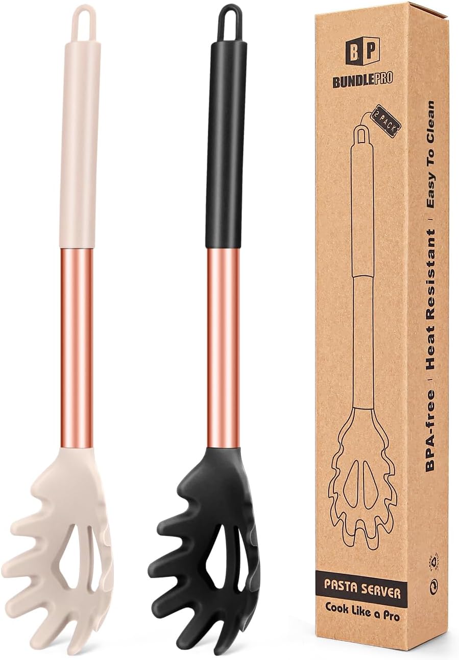 Pack of 2 Silicone Pasta Fork, Kitchen Heat Resistant Noodle Spoon Server, BPA Free Spaghetti Strainer, Best Cooking Tools (GRAY-BLUE)