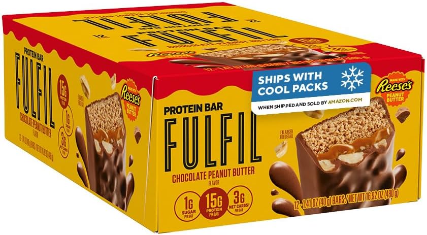 FULFIL Chocolate Peanut Butter Flavored Protein Bar Made with REESE's Peanut Butter, Gluten Free with 15g Protein, Pantry Staples, 12 Count