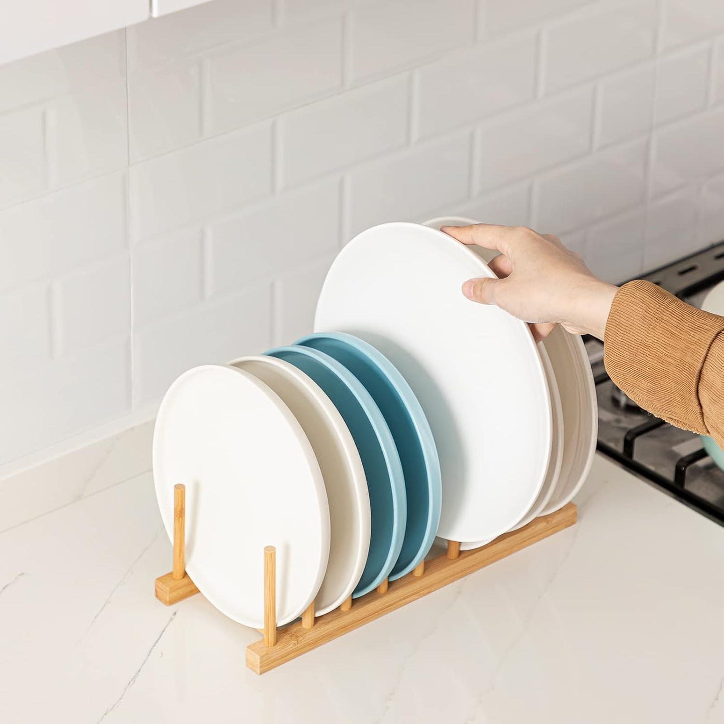 HBlife 2pcs Bamboo Dish Plate Bowl Cup Book Pot Lid Cutting Board Drying Rack Stand Drainer Storage Holder Organizer Kitchen Cabinet(Keep Dry)