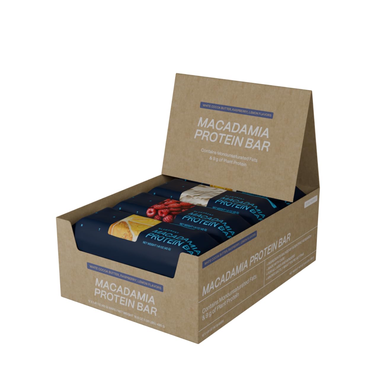 Blueprint Bryan Johnson Macadamia Nut Protein Bars – Variety Pack Protein Bars - Lemon, White Cocoa & Raspberry – Vegan, Low Sugar, Keto-Friendly Snacks – Non-GMO, Raw Nut Bar– 9g Protein – 12 Pack