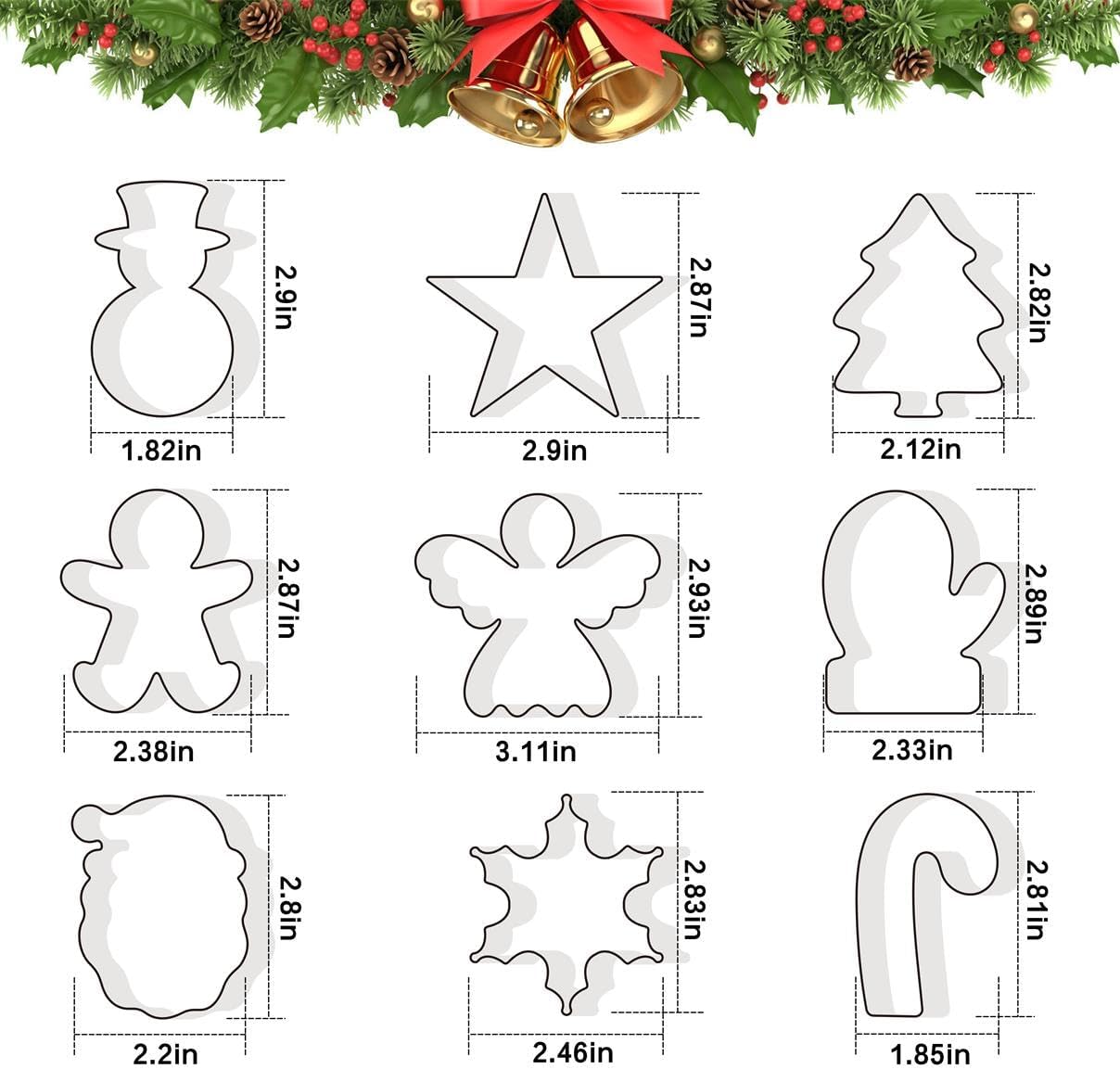 Christmas Cookie Cutters Set of 9 Pieces, Wmtidene Cookie Cutters Shapes for Winter Holiday, Metal includes Christmas Tree,Snowflake,Gingerbread Men,Angel,Star,Mitten,Candy Cane,Snowman