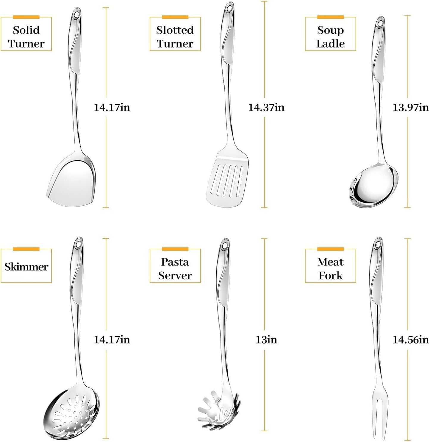Stainless Steel Cooking Utensils Set - 6 Piece Kitchen Utensils Set, One Piece Seamless Handle Stainless Steel Utensils with Hanging Hole, Dishwasher Safe