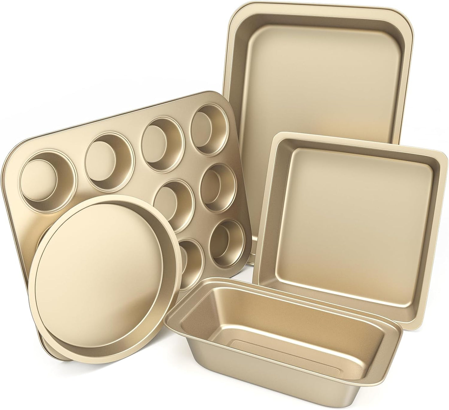 Baking Pans Set, 5-Piece Nonstick Bakeware Sets with Round/Square Cake Pan, Muffin Loaf Roast Pan, Baking Sheets for Oven, Kitchen Cookware Sets Baking Tray Baking Supplies, Black