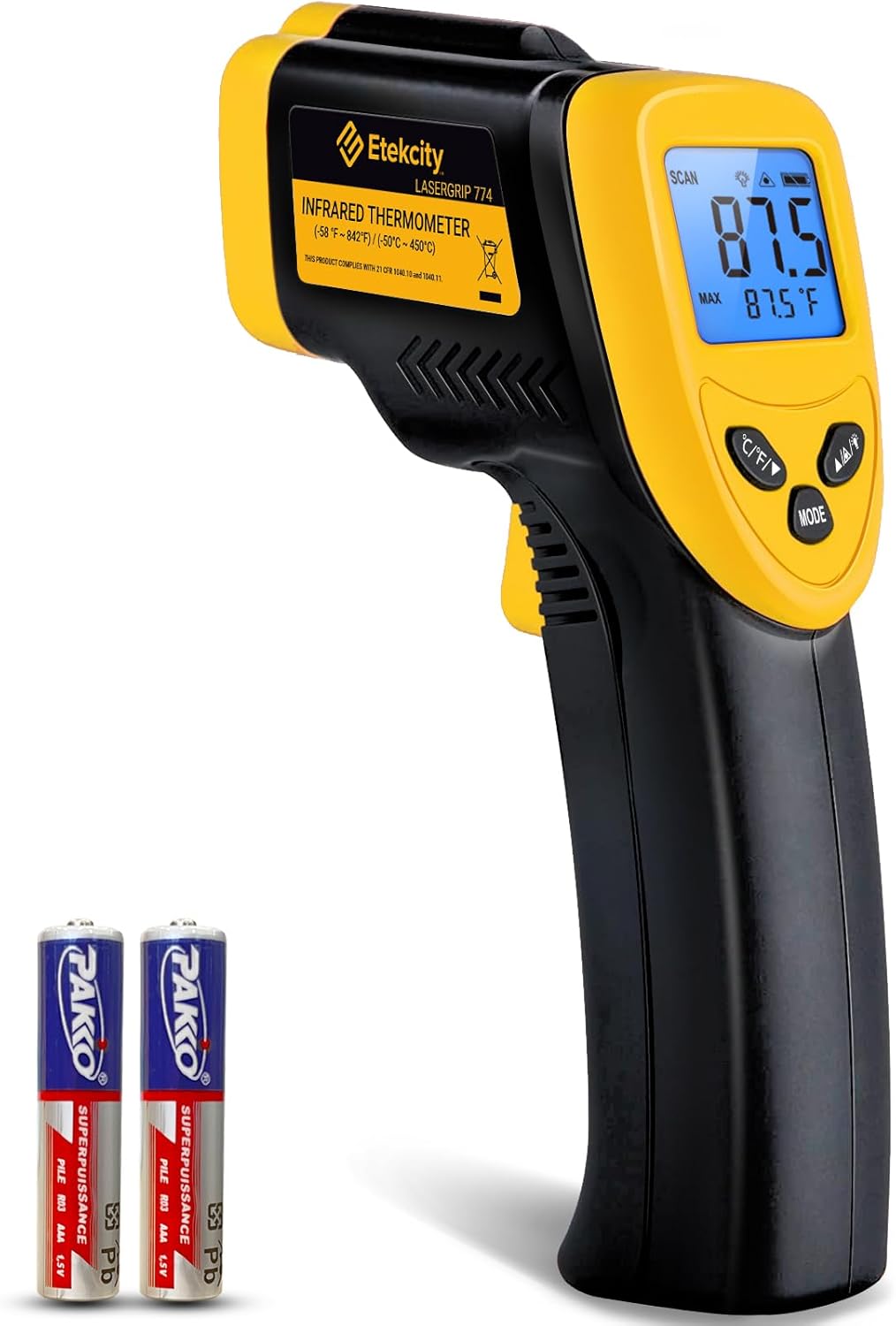 Etekcity Infrared Thermometer Laser Temperature Gun 774, Meat Food Candy Oven Thermometer for Griddle Accessories, Heat Gun for Cooking Refrigerator Tools, Adjustable Emissivity & Max Measure, Yellow