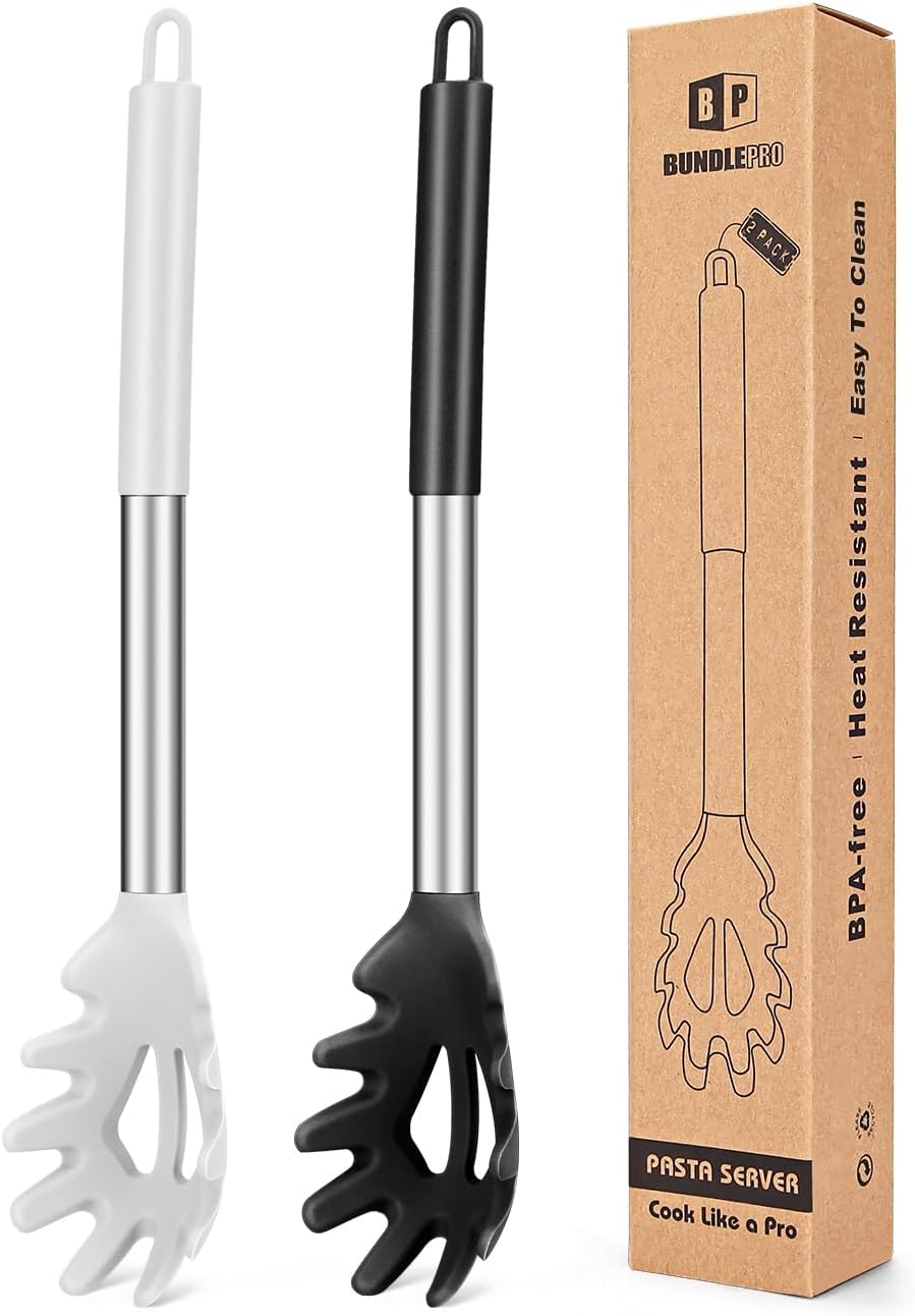 Pack of 2 Silicone Pasta Fork, Kitchen Heat Resistant Noodle Spoon Server, BPA Free Spaghetti Strainer, Best Cooking Tools (GRAY-BLUE)